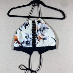 Athleta Polynesia High Neck Ladder Halter Bikini Top‎ Sz Med White/Black Floral